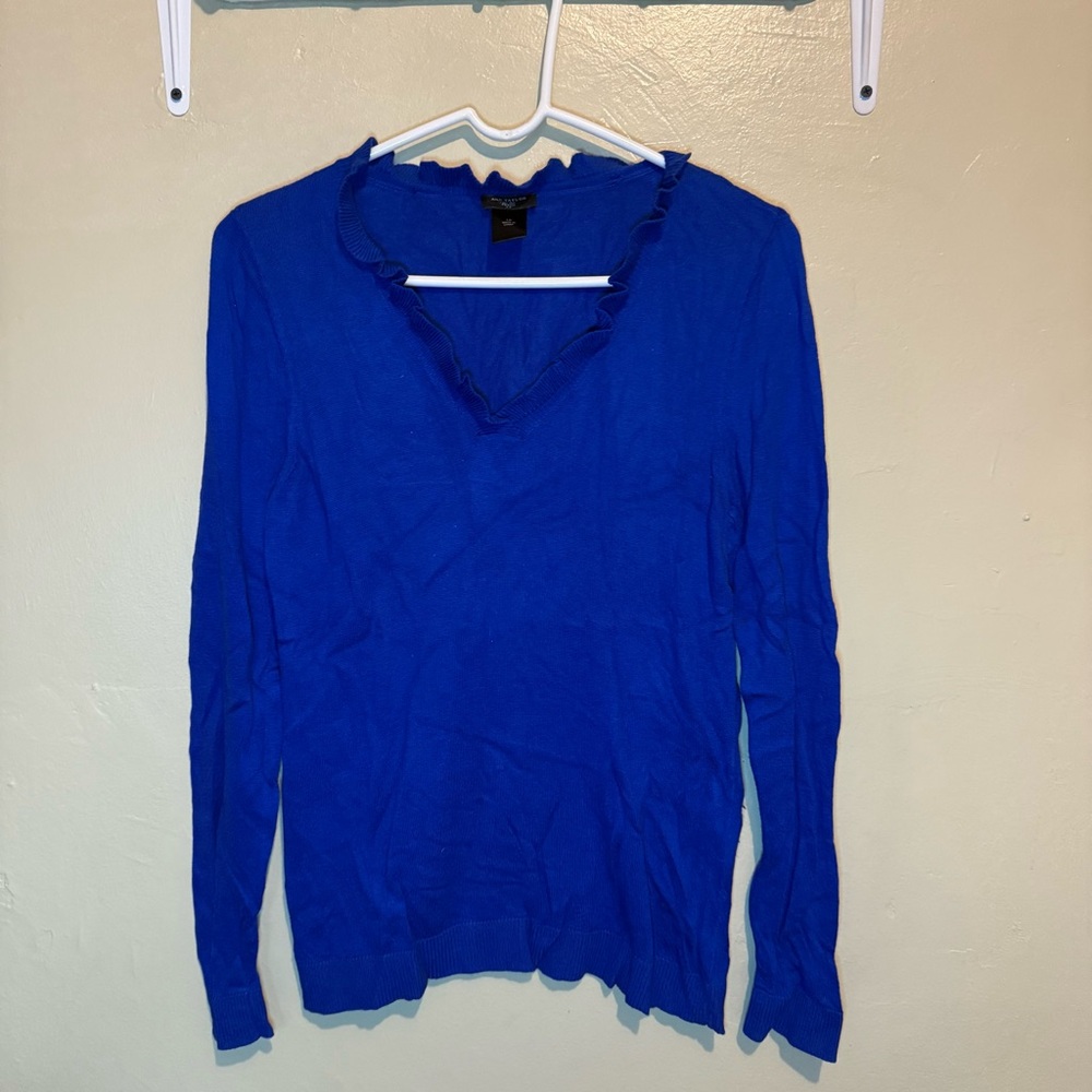 Ann Taylor Blue Ruffle V-Neck Sweater
